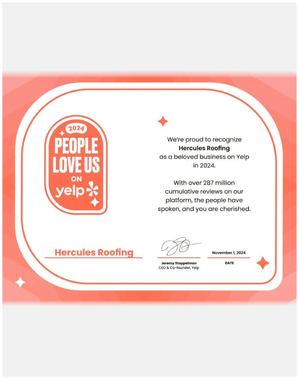 Hercules Roofing's Yelp certificate