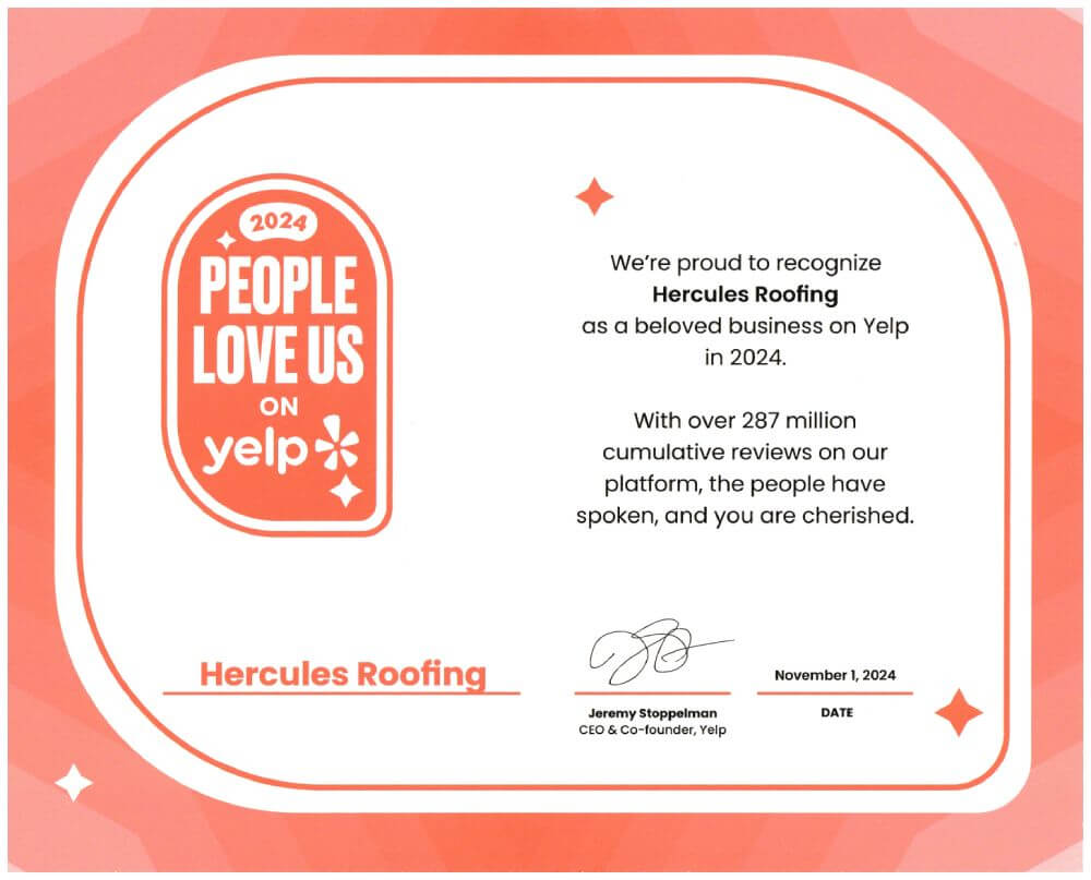 Hercules Roofing's Yelp certificate