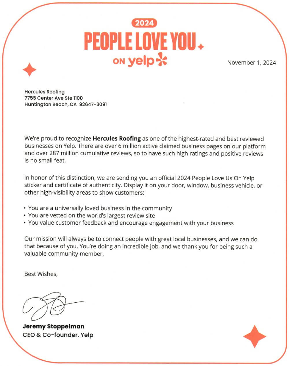 Hercules Roofing's Yelp certificate