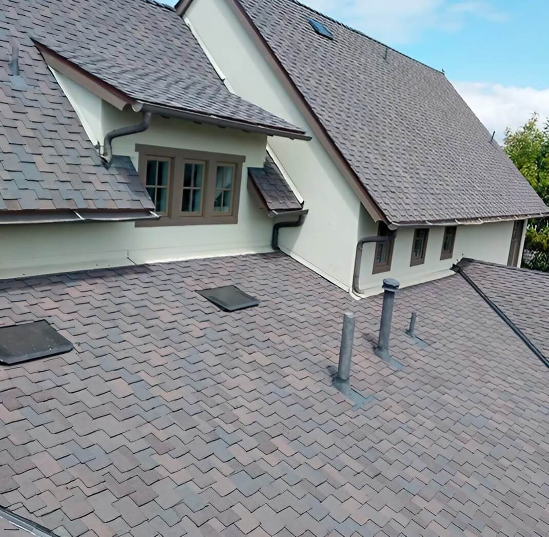A rooftop view featuring patterned gray shingles, chimneys, and skylights against a clear blue sky.