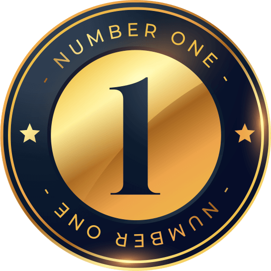 A shiny gold and black badge featuring the number "1" in the center, surrounded by text "NUMBER ONE" and stars.